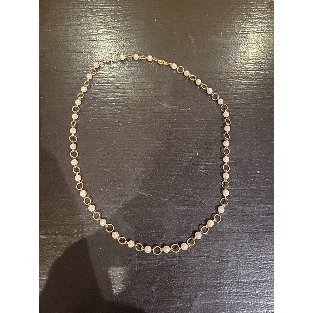 Vtg Faux Pearl And Goldtone Link Necklace Korea 24"